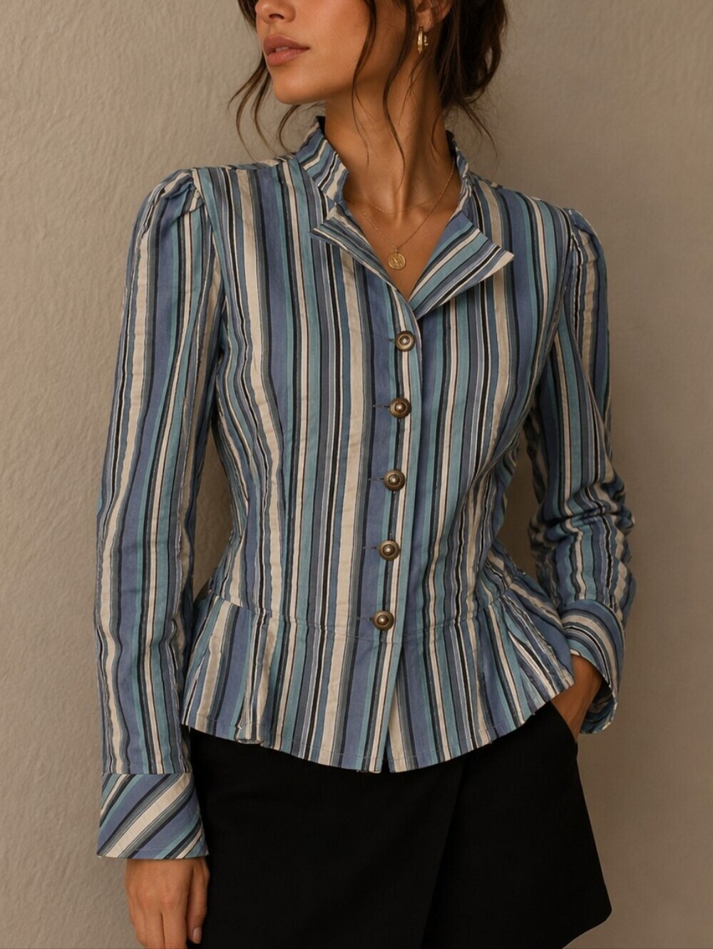 Vtg GEORGE Blue Striped Peplum Puff Sleeve Shacket